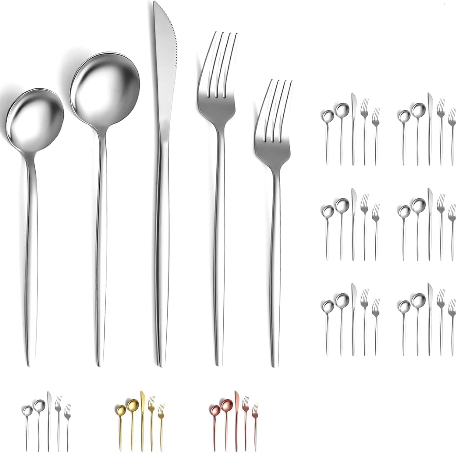 30 Piece Silverware Premium Stainless Steel Mirror Polished Cutlery Set Durable Tableware Set, Includes - (Salad Fork 6+Fork 6+Knife 6+Salad Spoon 6+Tea Spoon 6, Silver Hotel Spoon,30)