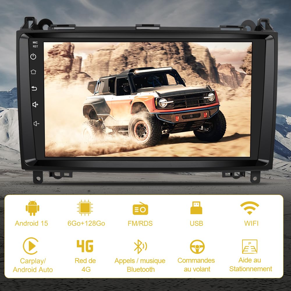 AWESAFE [6Go+128Go] Autoradio Android 15 pour Mercedes-Benz Vito Viano Sprinter W639/Classe B W245 W169 avec 4G Carplay 9 Pouces Écran Tacile avec GPS Android Auto/WiFi/RDS/FM/SWC/Aide au Parking