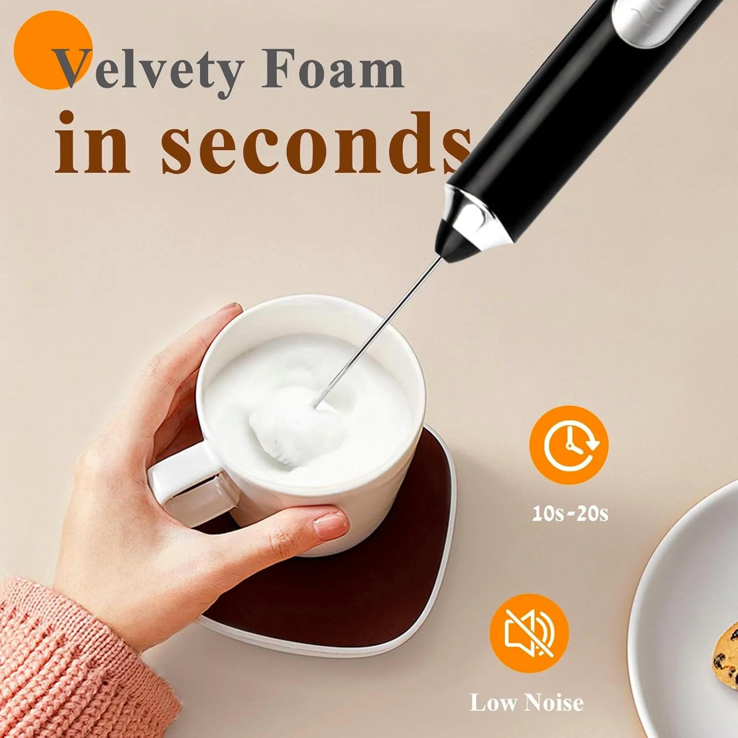 Electric Milk Frother Cappuccino, USB Rechargeable Electric Milk Frother with 3 Whisks, Electric Milk Foam 3 Adjustable Speeds for Cappuccino, Matcha, Latte, Egg image 4