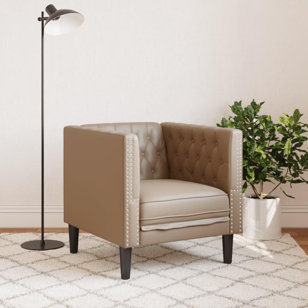 Poltrona Chesterfield in Similpelle Cappuccino con Rivestimento in Ecopelle Durevole e Design Classico per Soggiorno e Sala da Pranzo - Seduta Comoda e Struttura Stabile