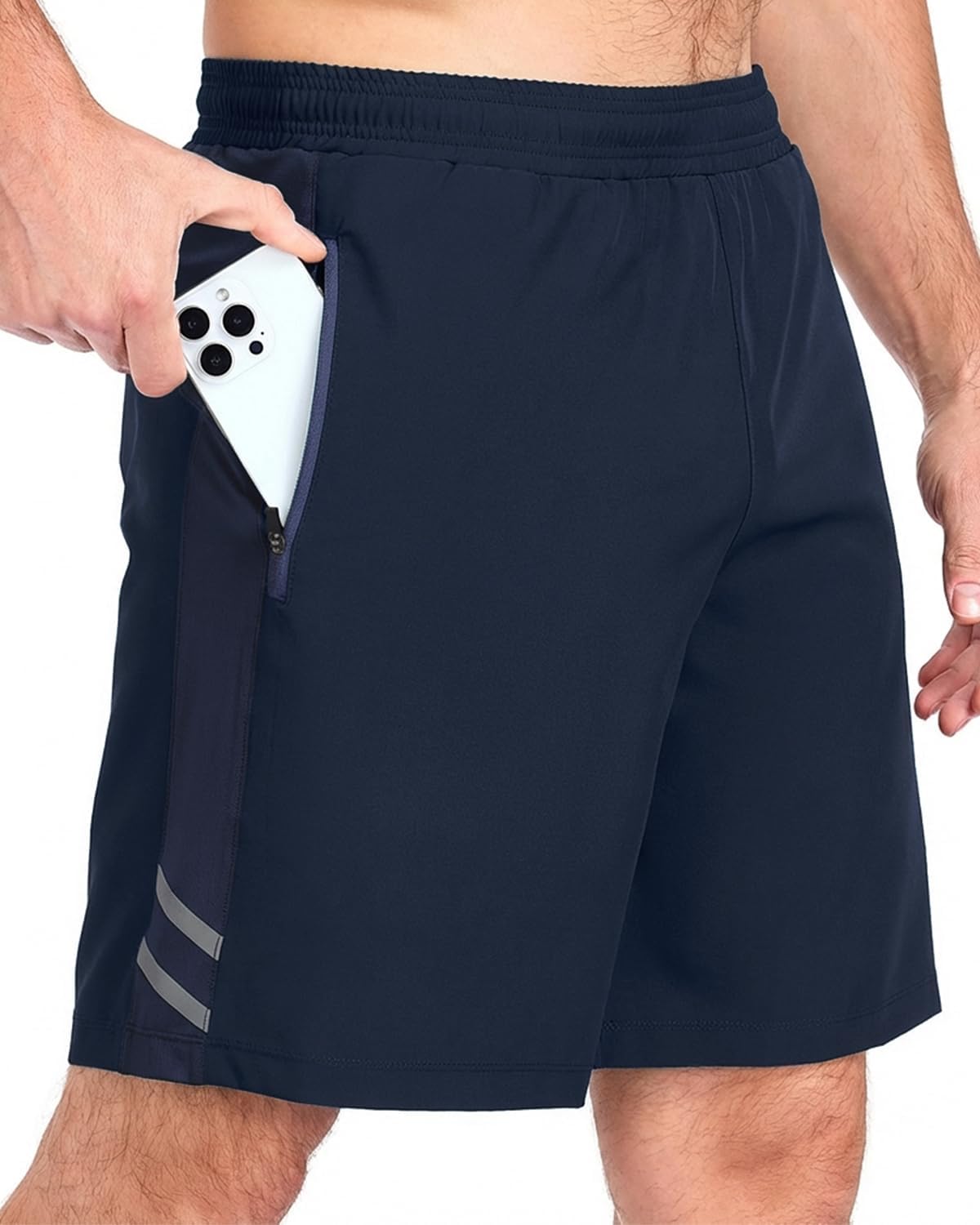 Men's 7" Reflective Drawstring Athletic Shorts with Zipper Pockets, No Liner Gym Workout Running Casual Mesh Shorts