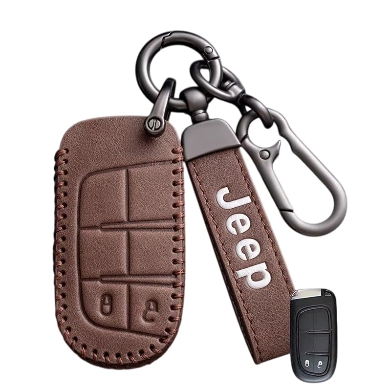 Capa de couro para chave de carro, de alta qualidade, para jeep renegade compass grand cherokee, chrysler 300c wrangler (Marrom 2 botões)