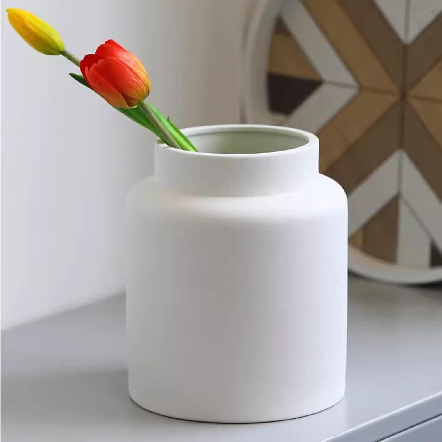 Vase Ceramic Black Vase for Living Room Decoration Flower Arrangement Large Mouth Special Vase Suitable for Dining and Living Room Home decoratio(White)