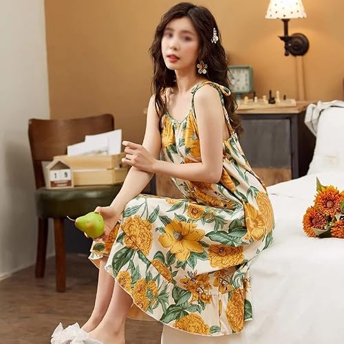 N/A Women Nightgowns Cotton Night Dress Sexy Spaghetti Strap Casual Home Dress Night Shirt Floral Print Sleepwear Nightwear (Color : A, Size : L) #TOP24
