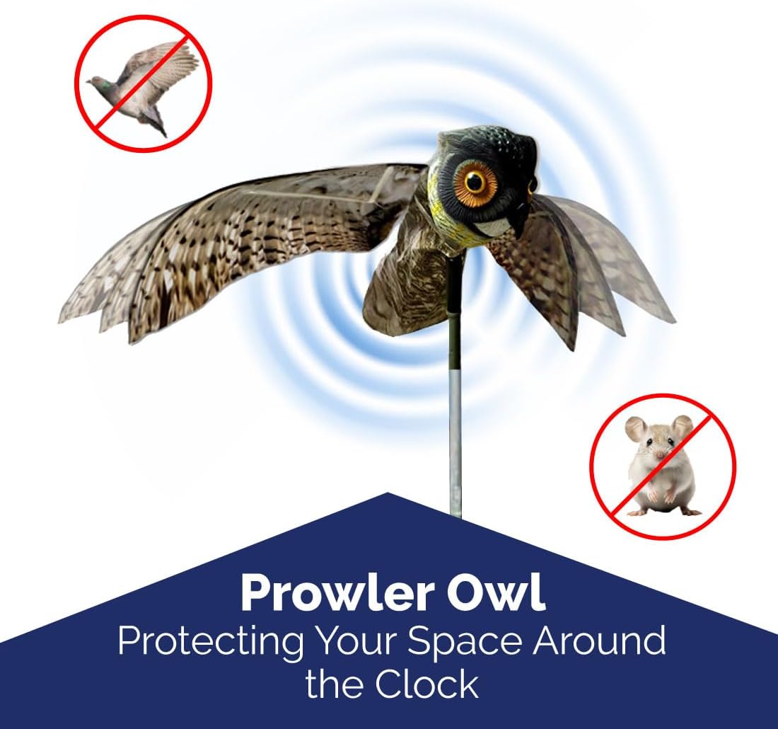Bird-X Prowler Owl, Lifelike Owl Decoy with Glassy Eyes and Moving Wings, Easy to Install, Perfect for Pigeon, Hawk, and More, Covers up to 6,000 sq. ft., Black, Small