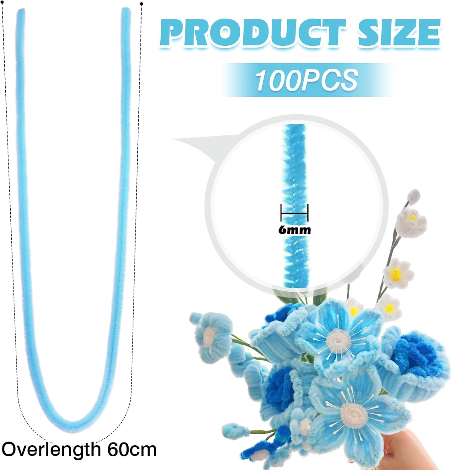TOAOB 100pcs Pipe Cleaners Light Blue Overlength Chenille Stems 24 Inch image 2
