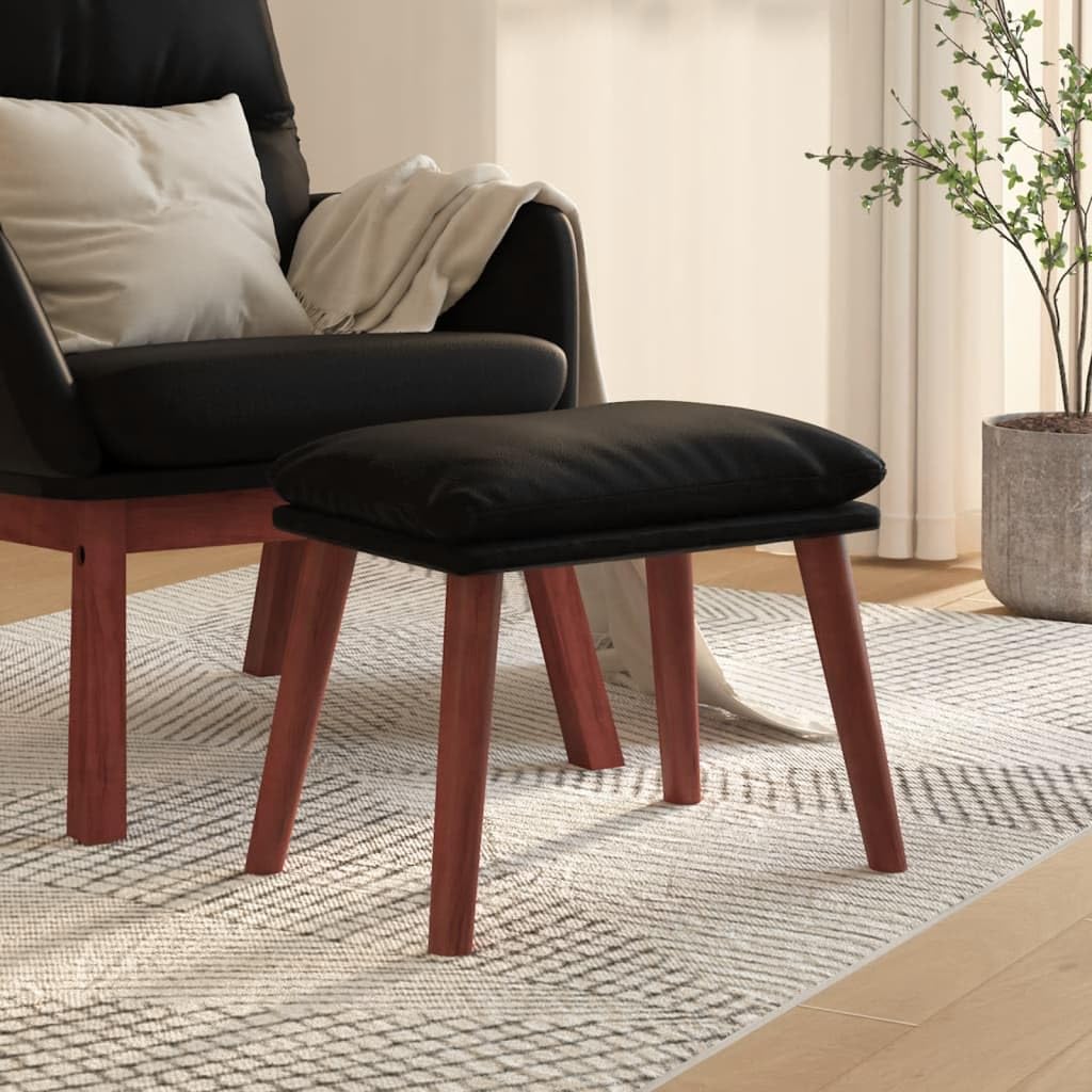 Repose-pied noir en similicuir 45x29,5x35 cm avec pieds robustes en bois d'hévéa