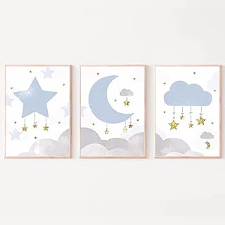 LUHDFYS Moon Clouds Cartoon Canvas Poster Nursery Print Blue Star Wall A...
