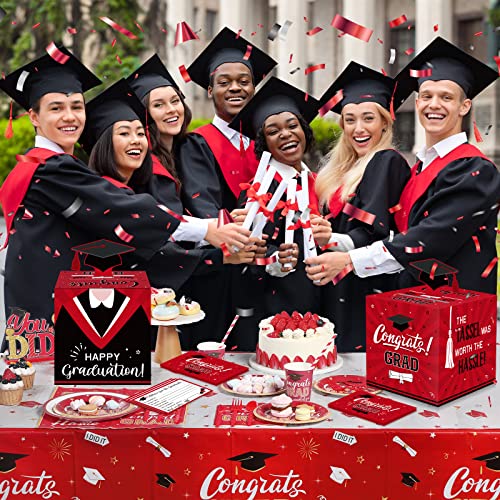 Image of Funrous Large 2026 Red and Black Graduation Card Box with 30 Pcs Advice Card Gift Money Box Congrats Grad 3D Cap Top Holder Class of 2026 Party Decorations College Graduation Supplies