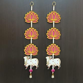 GIFT JAIPUR 3 Tier Pink Lotus & Cow Wall Hanging latkan Pack of 2 Gift Decorative Showpiece for Diwali Ganesh Chaturthi Pooja Home Wall Decor Temple Wedding Stage Decoration