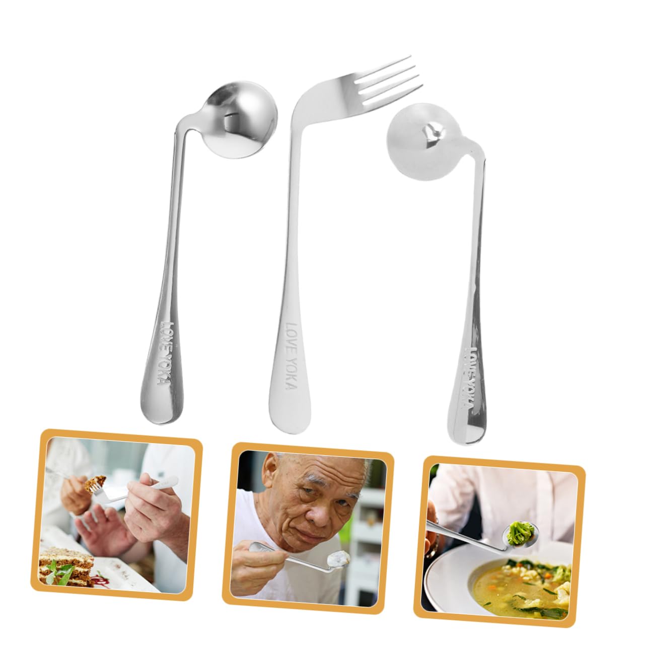 Mikinona Self-fed Angled Fork and Spoon for Elderly Comfortable to Hold Stainless Steel