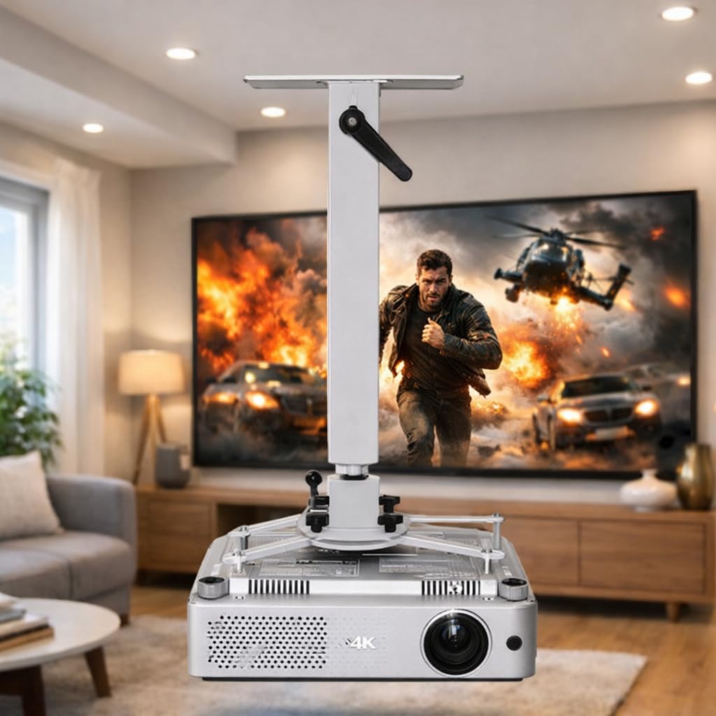 Alphavision Professional Universal Beamer Deckenhalterung Standard | Höhenverstellbar 60-110 cm | Tragkraft 25kg | 360° Drehbar | Neigbar | Projektor Halterung | Lichtgrau