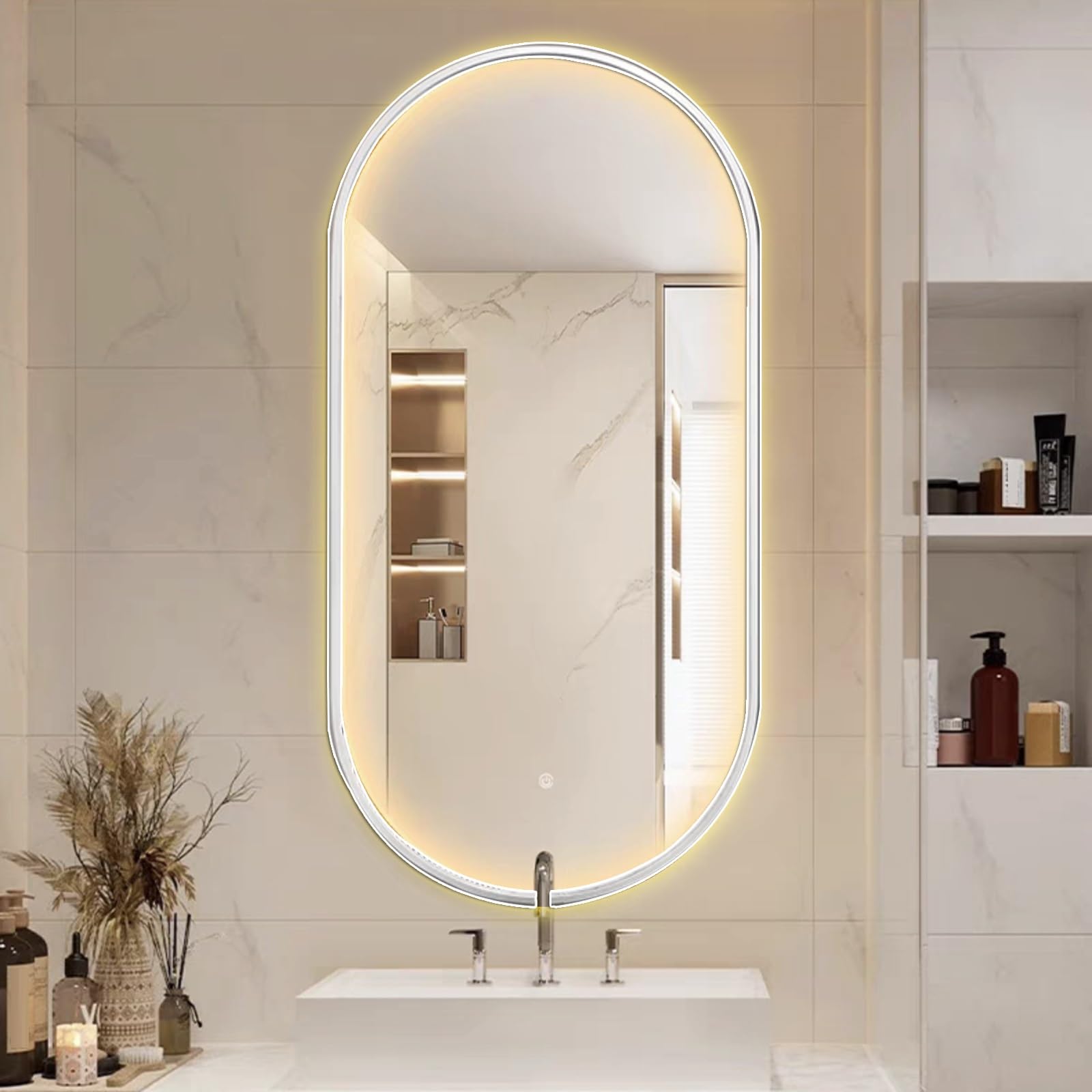 Specchio Espejo LED ovalado, Espejo de baño con Luces, Espejo de pared con Marco de aluminio, Espejo de maquillaje Inteligente, regulable 3000K/4000K/6000K, interruptor táctil, Color: Blanco