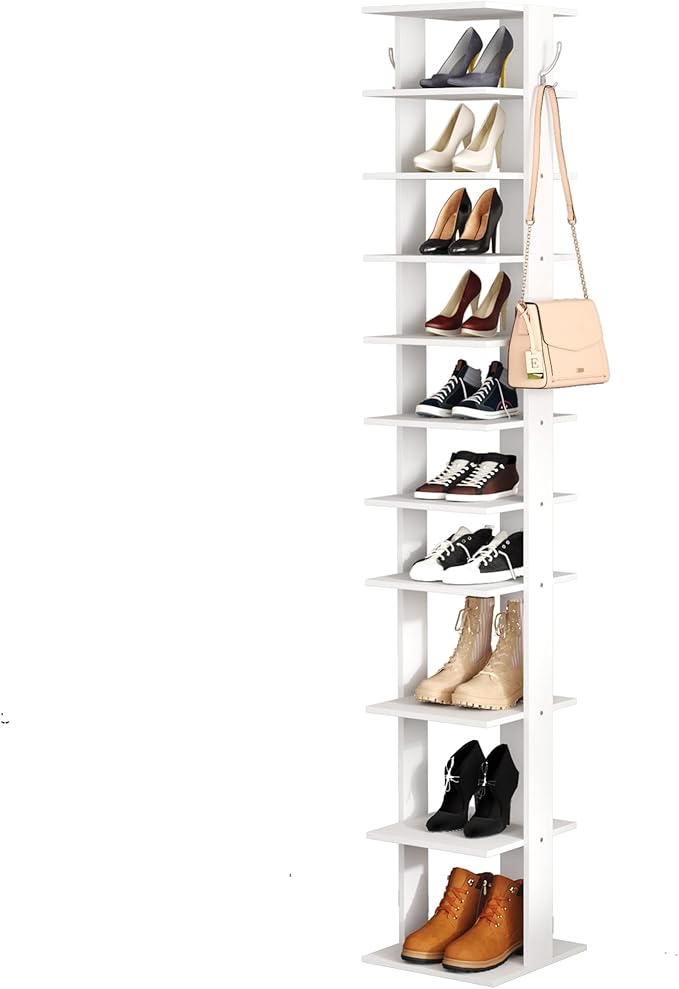 HOME BI 10Tier Narrow Shoe Rack, Wood Shoe Shelf, Entryway Shoe Tower