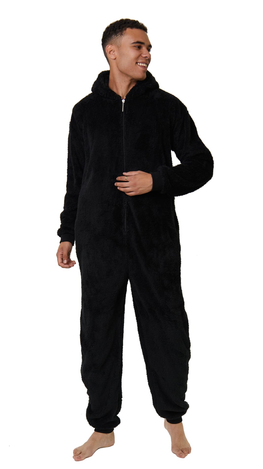 Nikaro Men's Black Casual Sherpa Thermal Fleece Onesie With Hood - Zip Up Loungewear Jumpsuit - Warm Winter Sleepwear (Xl) Black