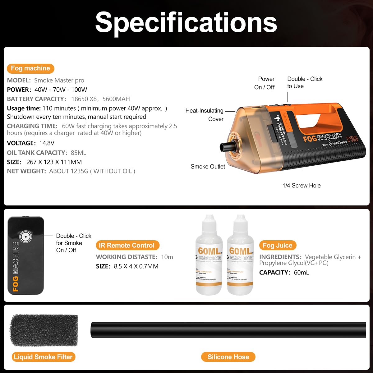 Machine à brouillard portable rechargeable, LENSGO SMOKE MASTER PRO 100W Machine à fumée portable, télécommande extérieure et intérieure pour la photographie, Halloween, fête, effets de scène