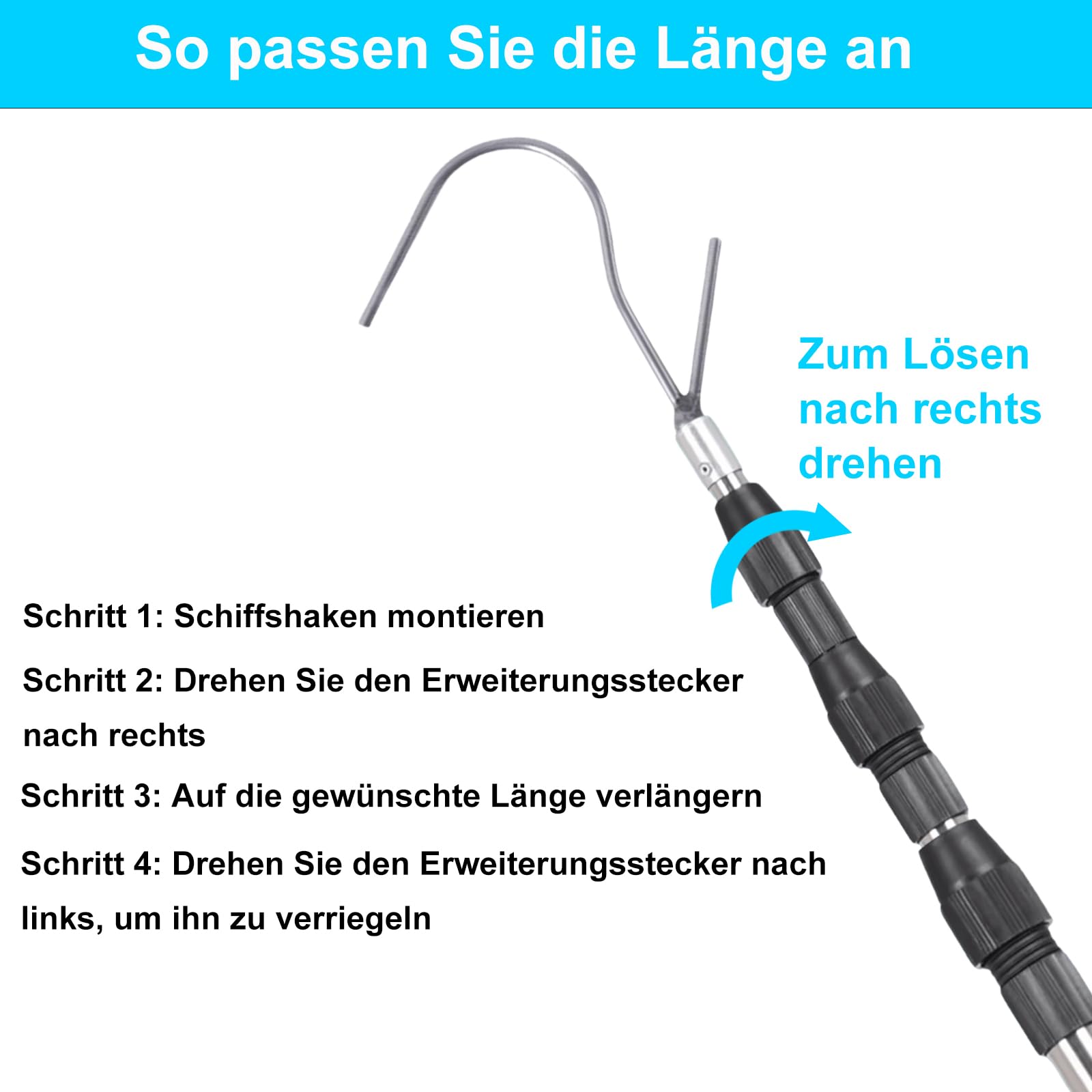BeGrit Teleskop Bootshaken Edelstahl Ausziehbar Dock Polen 90-250 cm,Ø 25mm seewasserbeständig Schleusenhaken Langlebig Rostbeständig Ausziehbar Bootshaken für Boot Docking Positionieren