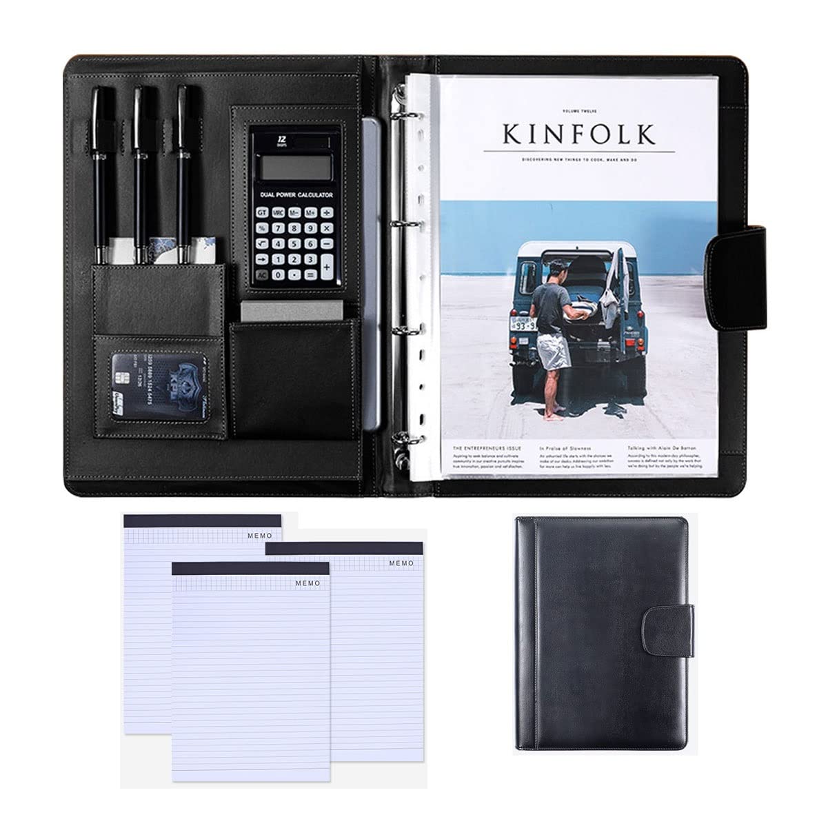 Pochette dossier A4 noir avec organiseur de bureau et bloc notes rechargeable