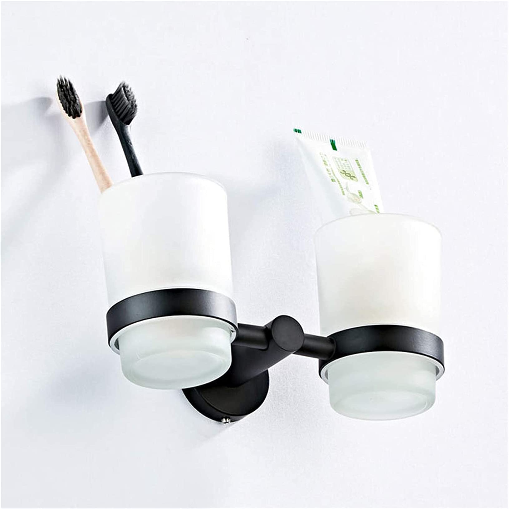 Soporte doble para cepillo de dientes de pared negro mate, soporte doble de latón con 2 vasos de cristal, accesorios de baño elegantes, decoración moderna para el hogar y el spa