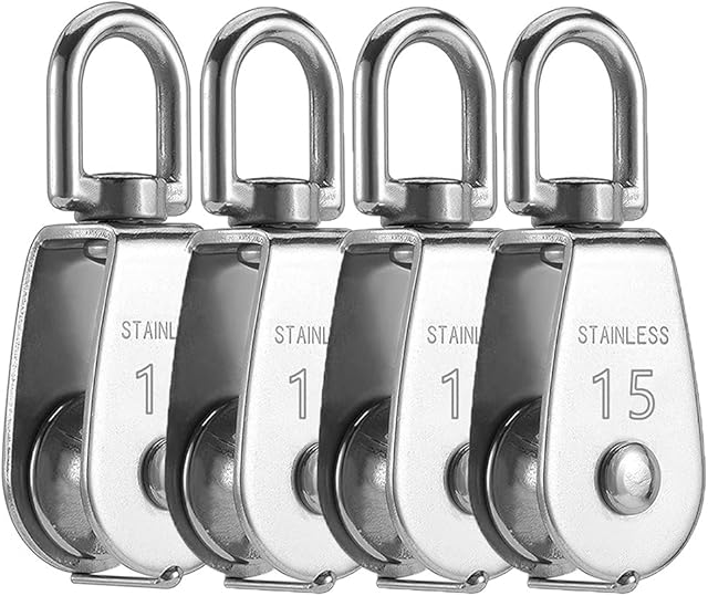 YANSHON 4PCS Single Pulley Block M15 Stainless Steel Small Pulley Roller for Rope Cord in Indoor and Outdoor 360°Swivel Silver Pulley for Washing line Bear-Loading up to 35KG