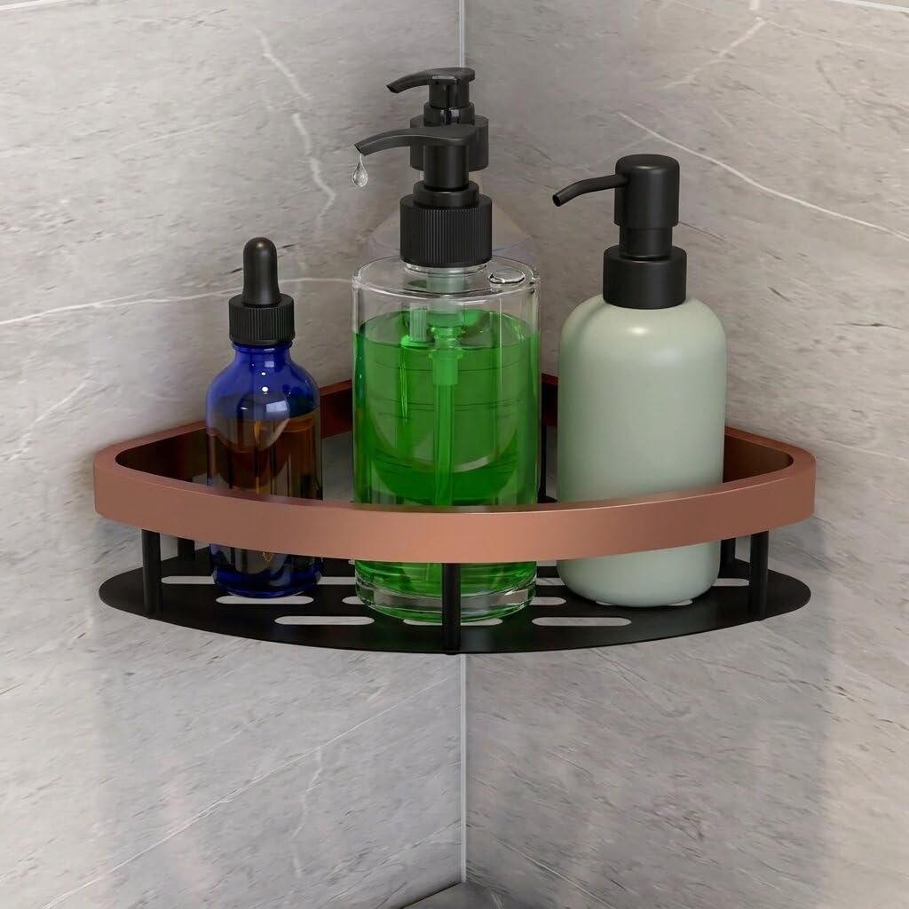 HAPPI Self Adhesive Wall-Mount Bathroom Corner for Wall Aluminium/Steel, Bathroom Organizer Corner Shelves Rack Holder Stand for Bathroom Accessories Storage (Pack of 1 - Rose-Gold)-image-37