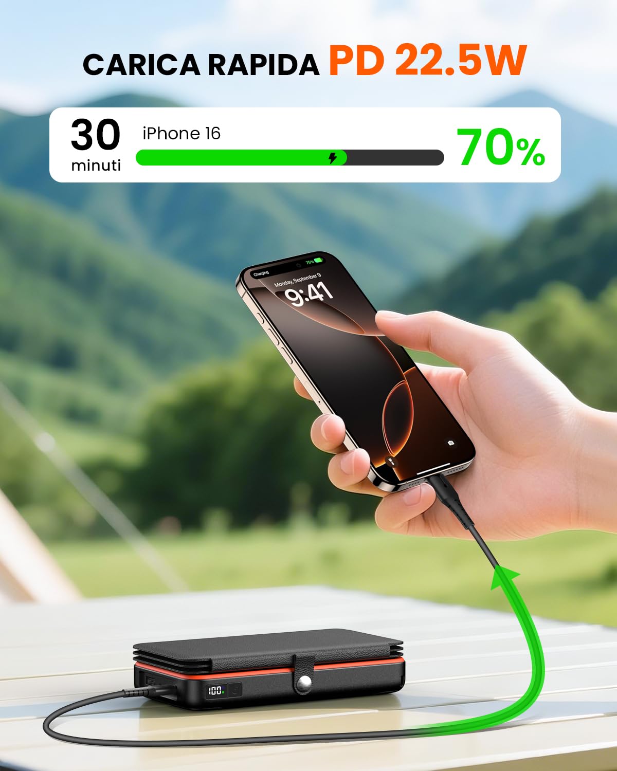 Caricatore Solare 27000mAh Power Bank Wireless - 22,5W Ricarica Rapida USB-C Batteria Esterna con Tre Uscite USB PD 4.0 QC 3.0 e 4 Pannelli Solari per Smartphone Tablet (Arancione)