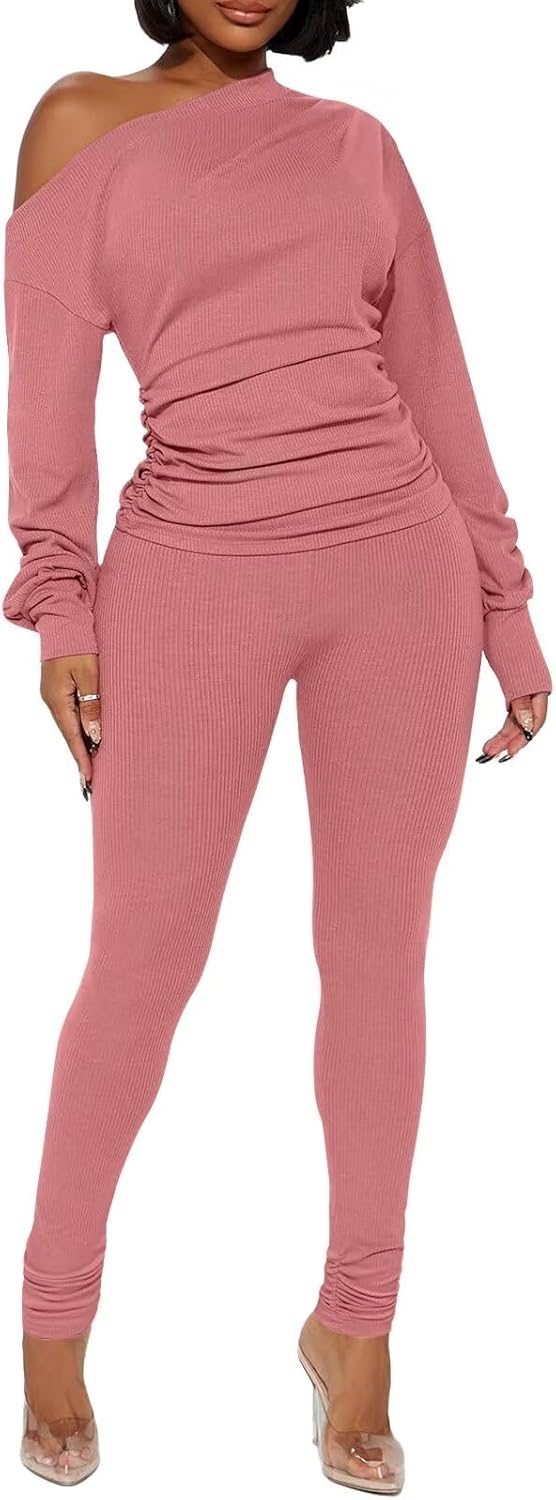 Sexy 2 Piece Outfits for Women One Off Shoulder Tops Ribbed Pant Set Tracksuit Clubwear