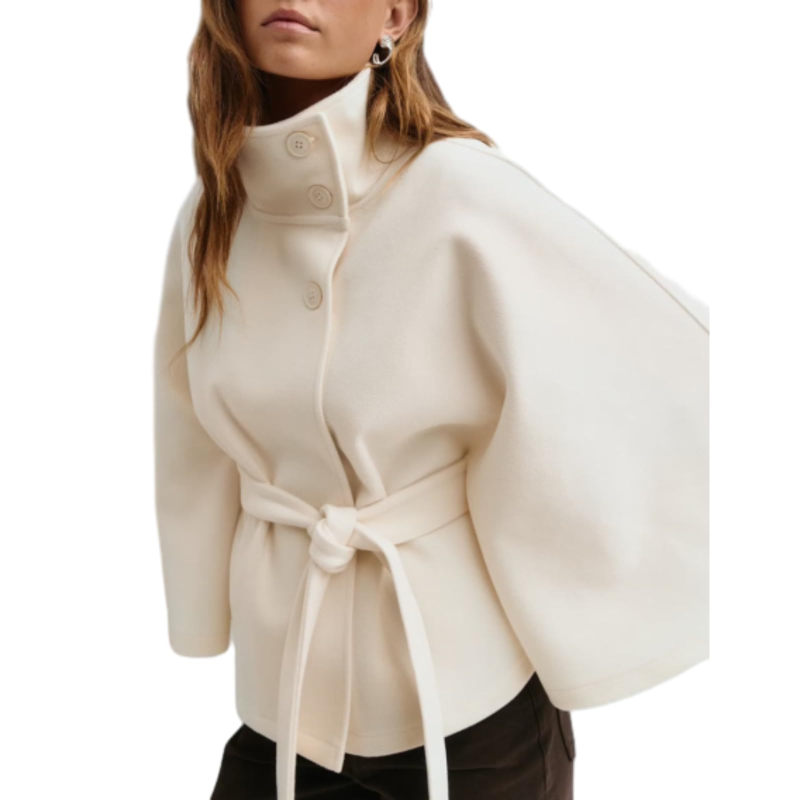 Generisch Weißer Cape-Mantel,Poncho mit Fledermausärmeln, Damen-Wintermantel mit Stehkragen und Gürtel