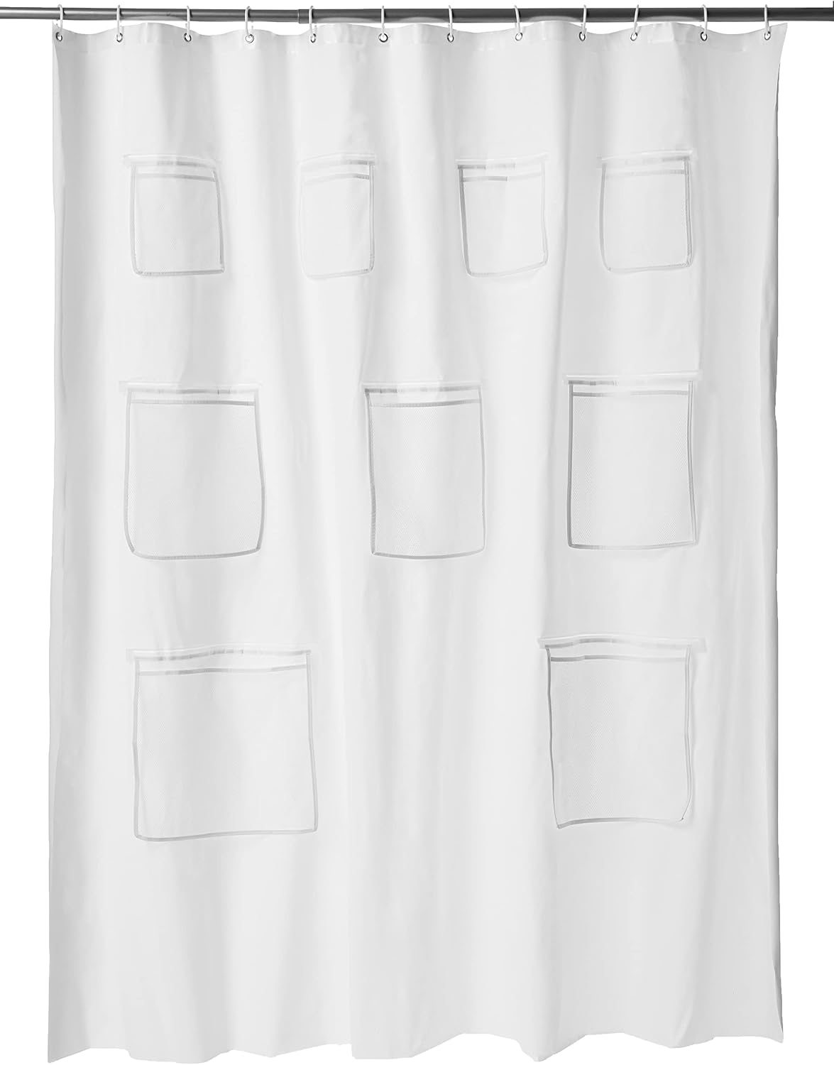 Amazon Basics 8-Gauge PEVA Shower Curtain or Liner with Mesh Storage Pockets - 72" x 72", White