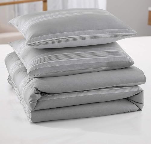 Miniatura 9 de SLEEPBELLA Juego de edredón tamaño King, 600 hilos de algodón gris claro y rayas blancas reversibles, juego de ropa de cama de plumón alternativo de