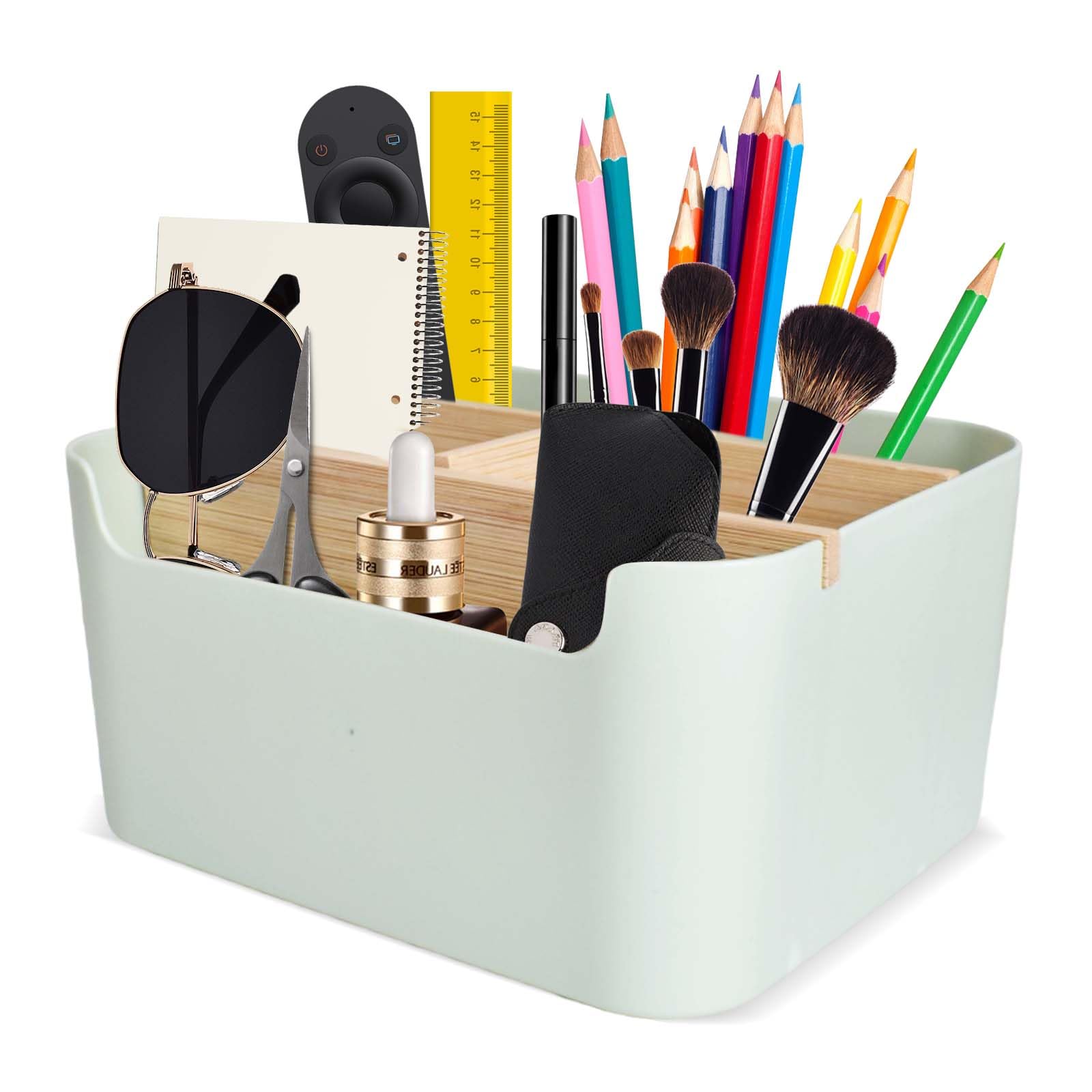 Naapesi 5 Compartments Desk Organiser, Plastic Wooden Desk Stationery Storage Box, Multifunctional Removable Desktop Holder Storage Caddy for Remote Control, Cosmetics, Pens, Glasses (green)