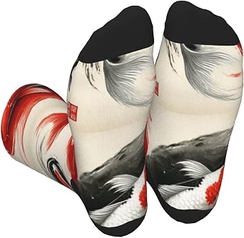 Koi-Fish-Ink-Wash-Painting Unisex Color Block Crew Socks For Men And Women, Soft Polyester Stretch Mid Calf Socks, Comfortable Casual Athletic Socks Fits Shoe Size 36-45