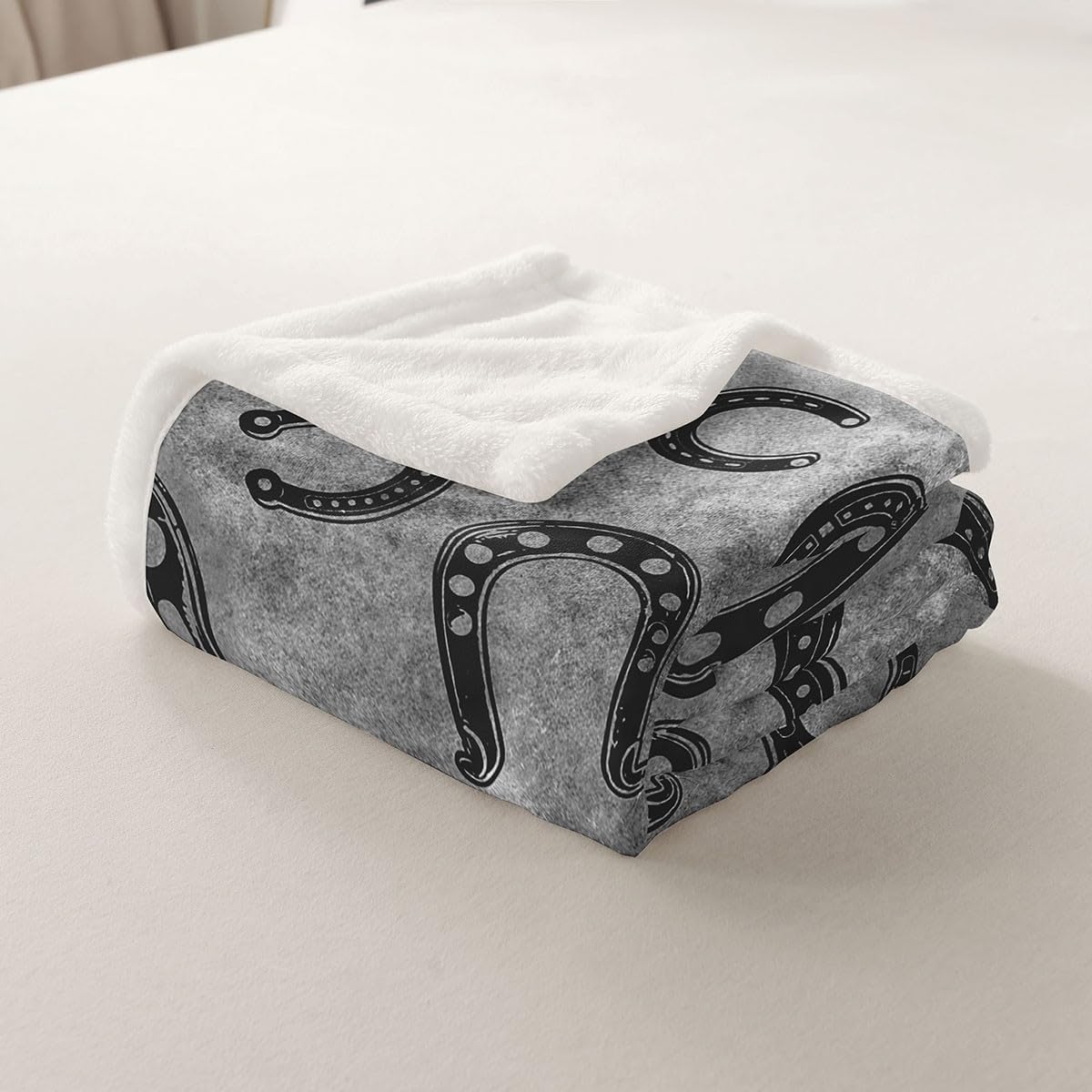 Vintage Gray Tie Dye Bed Blanket,Black Horseshoe Flannel Blanket for Room Decor,Rustic Farmhouse Cowboy Fleece Blanket for Kids,Super Soft Blanket,Throw 50"x60"