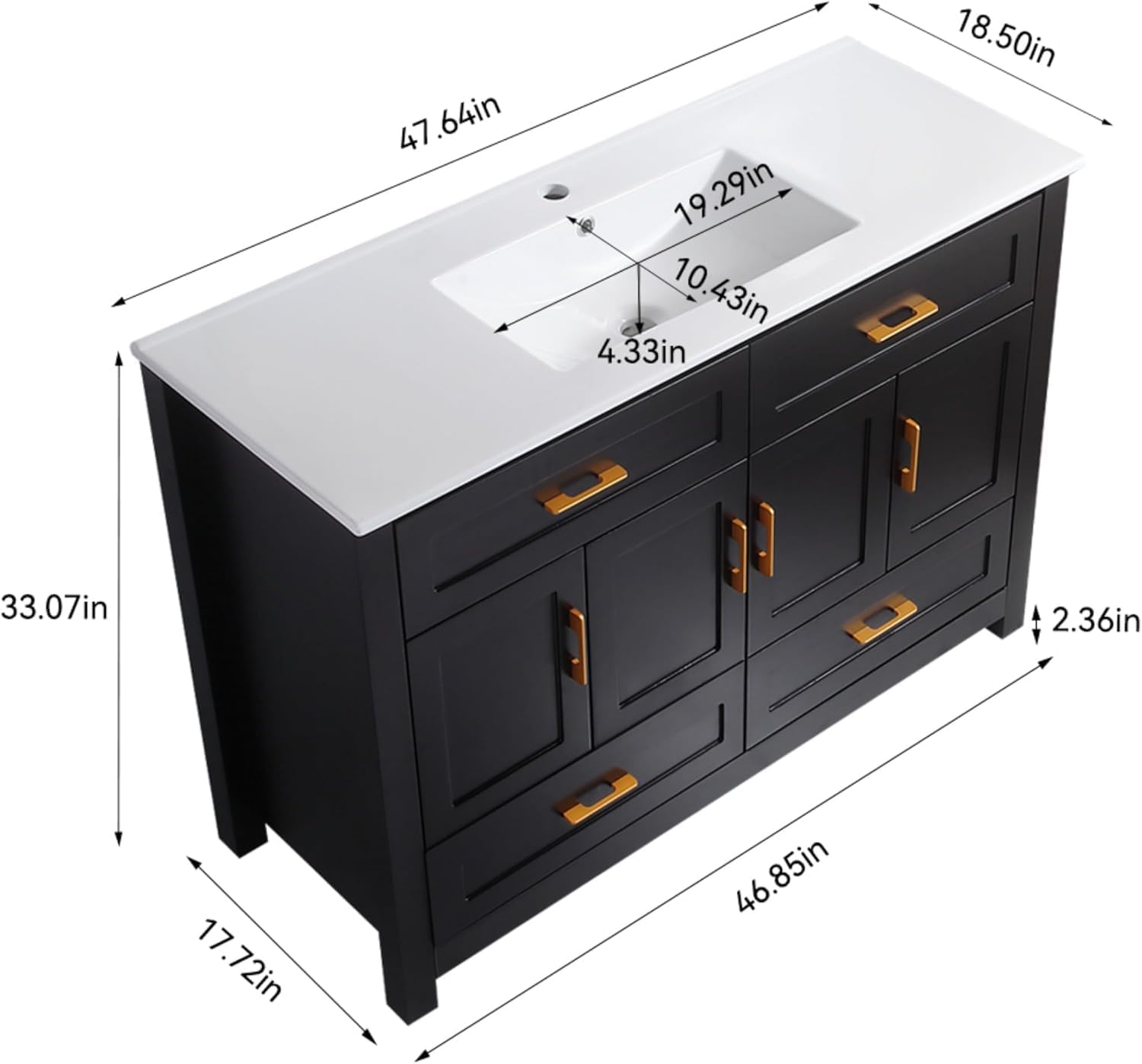 48" Black Bathroom Vanity with Sink Combo, Freestanding Modern Storage Cabinet with 4 Drawers & 4 Soft-Close Doors, Sink Moisture Resistant Vanity with Ceramic Basin (48 Inch Black)