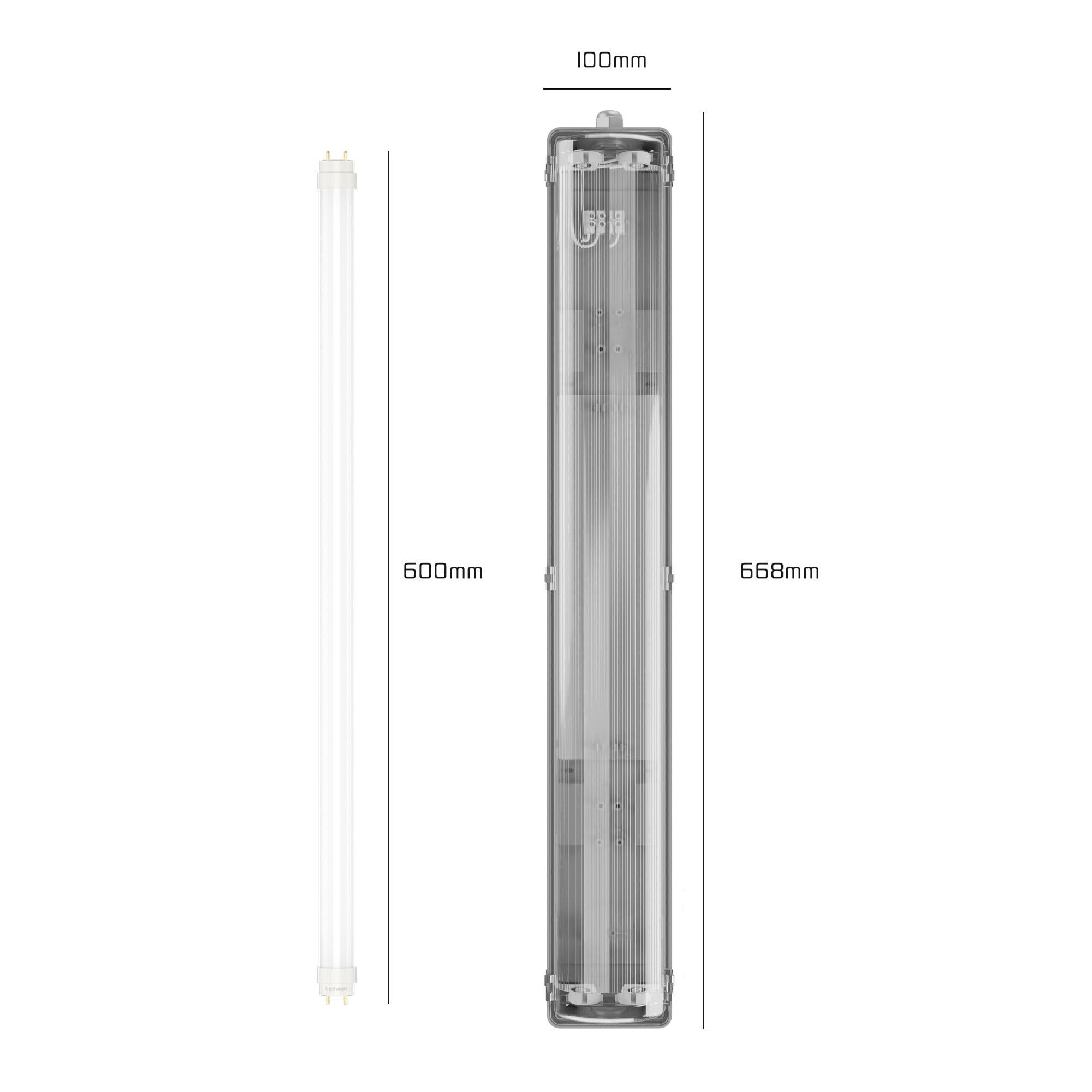 Ledvion - 1 pieza, pantalla estanca, 60cm, IP65, 9W, 100 lm/W, Blanco frío, 6500K, para 2 tubos LED, lámpara de techo para garaje, de bodega, tubo led, almacén