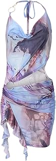 Women Sexy Halterneck Mini Dress Hollow Out Colourful Mesh Floral Dress for Beach Party Night - Buy now