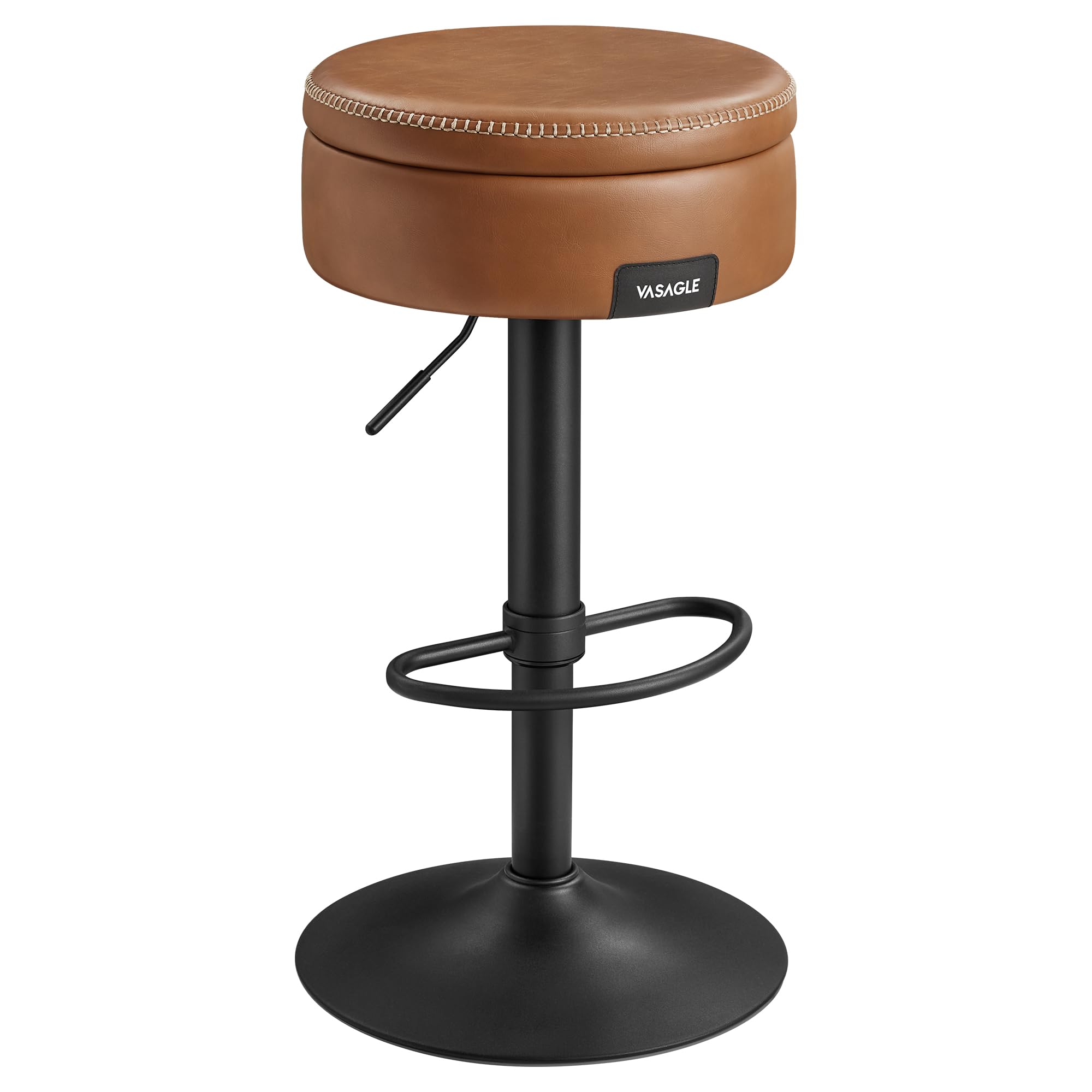 VASAGLE EKHO Collezione - Sgabello Cucina Girevole a 360°, Sgabello da Bar Regolabile in Altezza con Scomparto, Rivestimento con Cucitura, Moderno di Metà Secolo, Montaggio Facile, Marrone Caramello