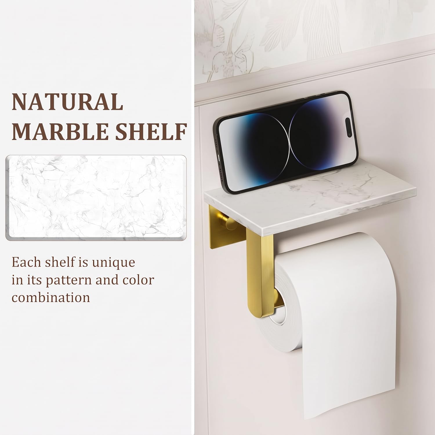 BWE Brushed Gold Toilet Paper Holder with Marble Shelf Wall Mounted — Amazon image 5