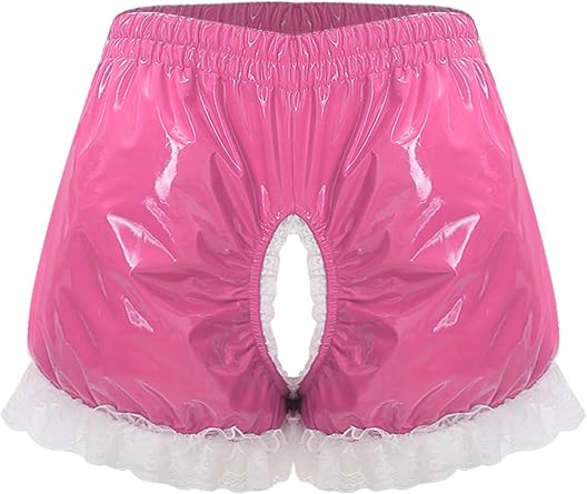 Moily Women PVC Bloomers Maid Ruffle Pumpkin Pants High Waisted Hollowing Out Crotch Fancy Bloomers