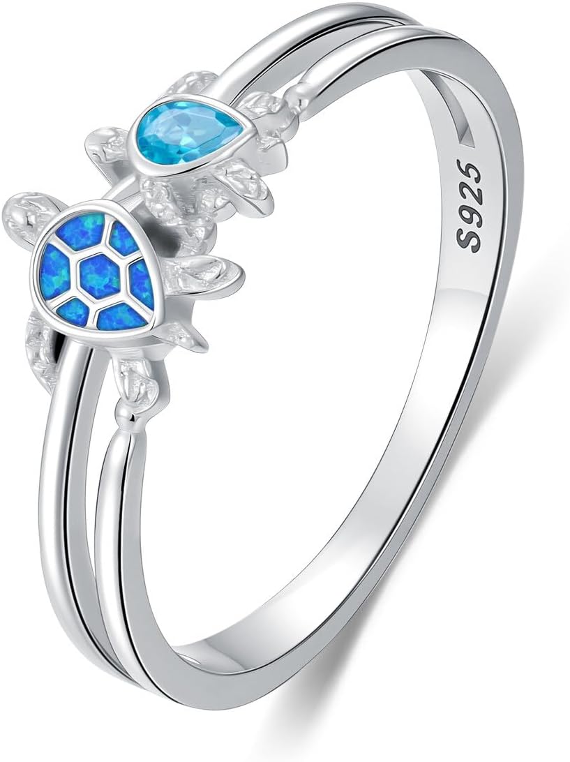 WINNICACA Sea Turtle Ring Blue Opal 925 Silver Rings for Women Sterling Silver Ocean Rings Jewelry Gift for Mother Christmas