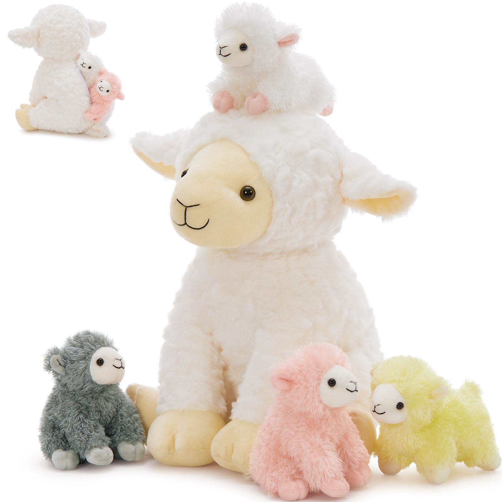 MorisMos Oveja de peluche XXL con 4 corderos en el vientre, 35 cm de alto, oveja de peluche, regalo de cumpleaños o Navidad