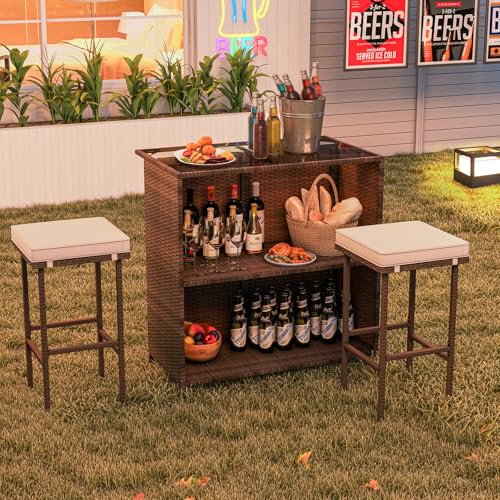 HAPPYGRILL 3 Pieces Patio Bar Set PE Wicker Outdoor Bar Table and Stools Set with Removable Cushions, Tempered Glass Tabletop and Storage Shelves for Porch, Backyard, Garden and Poolside - Thumbnail 2