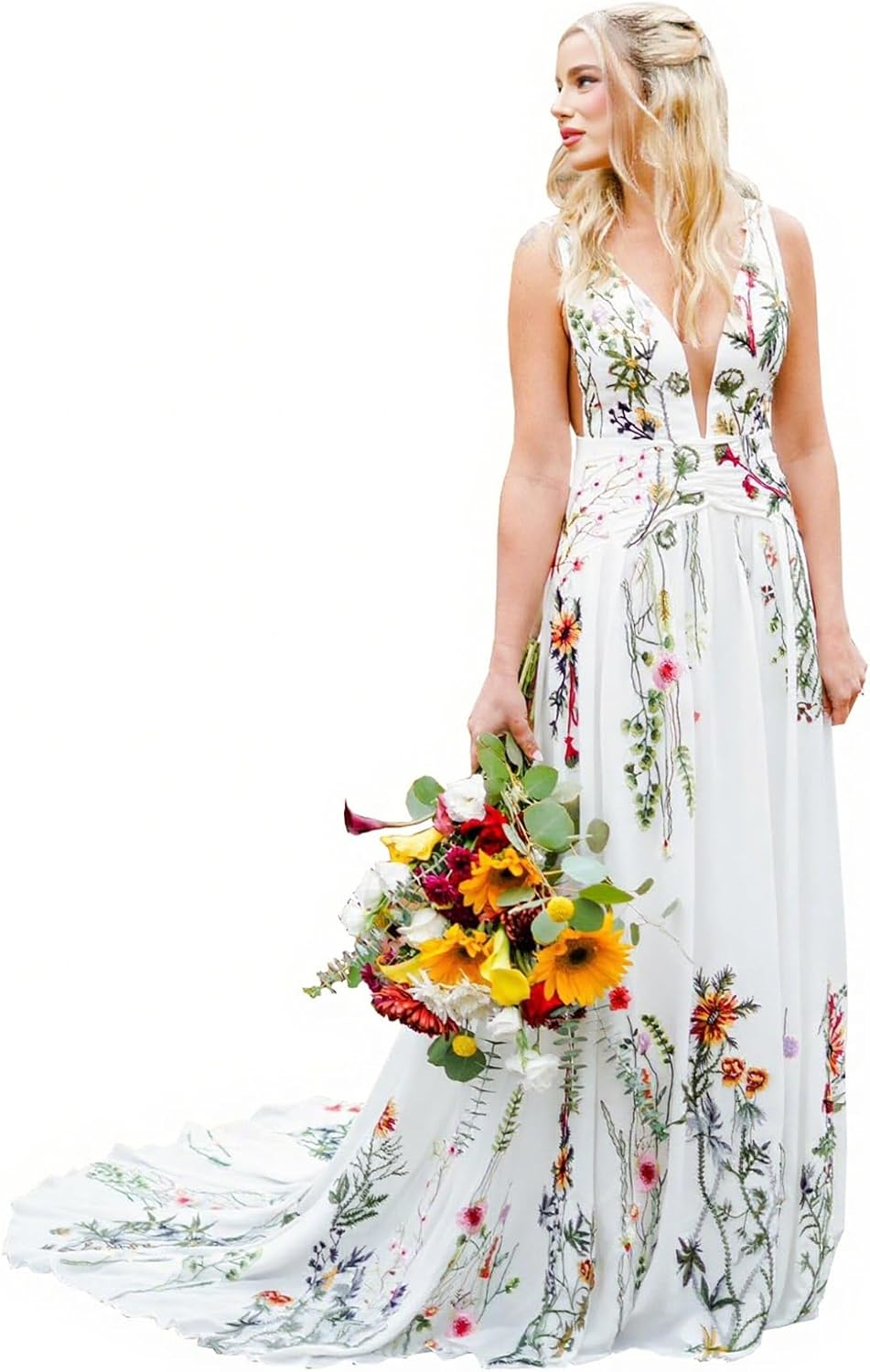 Floral Wedding Dresses for Bride Embroidered Chiffon Bridal Dress Long Boho Outdoor Wedding Gowns
