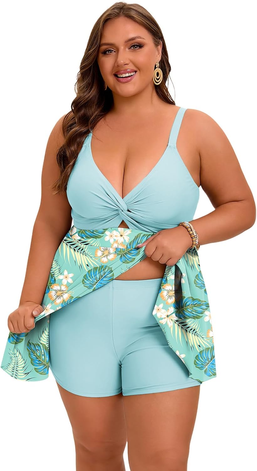 Arolina Plus Size Bathing Suit for Women Swim Dress Tummy Control Swimsuits Two Piece Flowy Tankini with Shorts