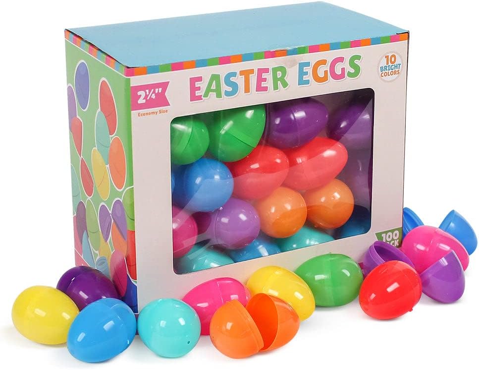 2-1/4" Plastic Easter Eggs in a Colorful Display Box. Contains 100 Eggs.