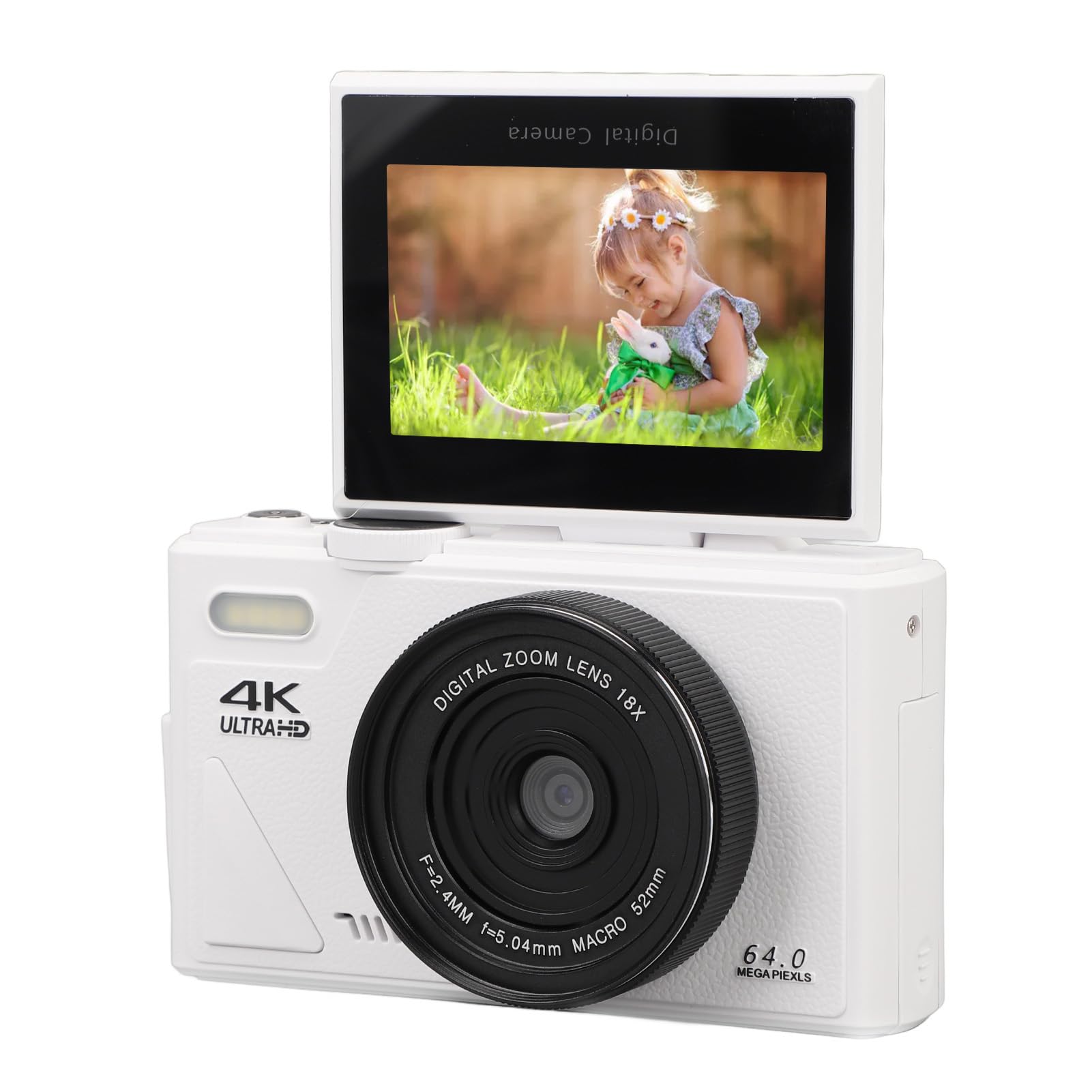 Tbest Fotocamera Digitale 4K Mirrorless 64MP HD Autofocus Zoom 18X WiFi con Schermo Ribaltabile da 3 Pollici per Studenti Principianti di Fotografia di Viaggio (WHITE)