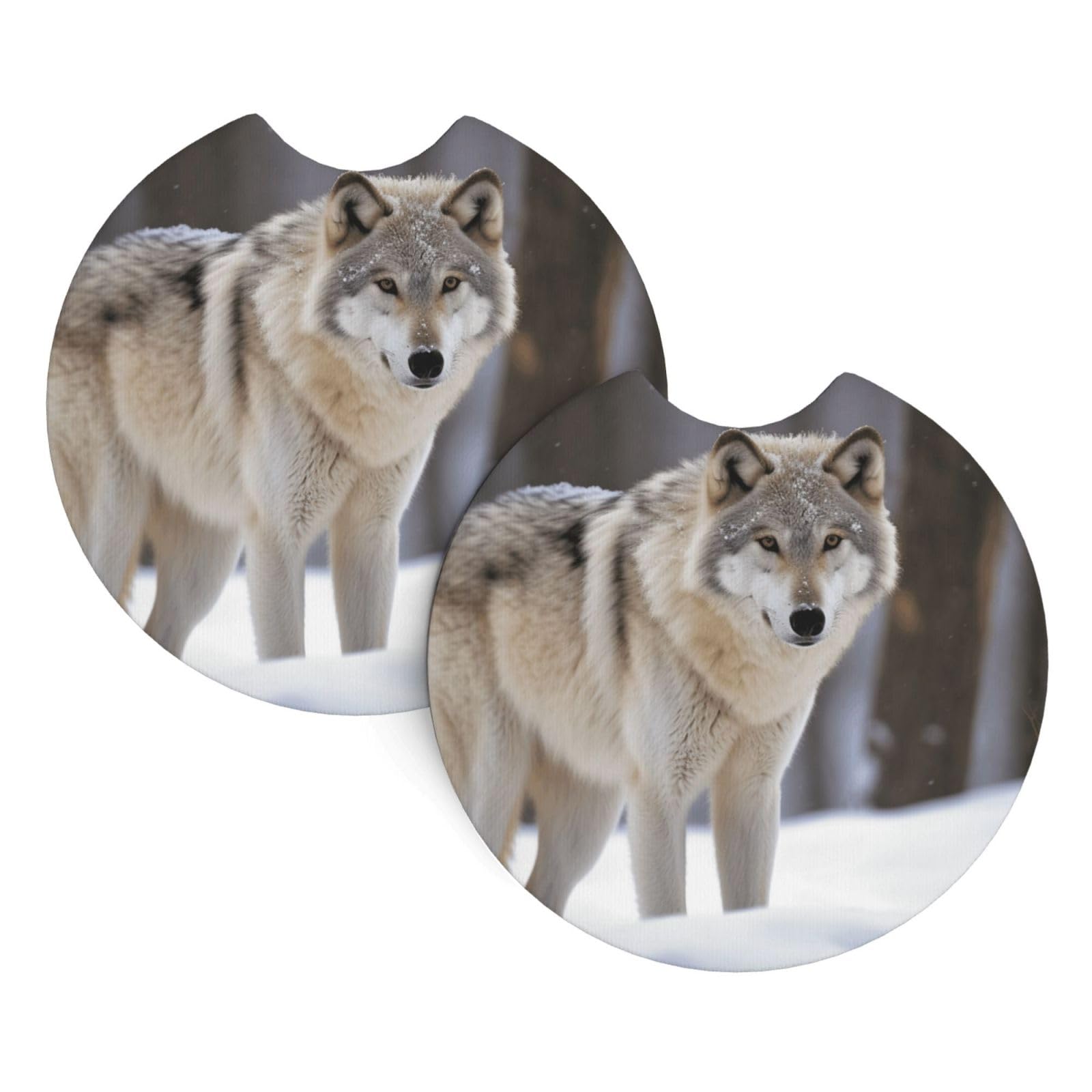 2PCS Car Coaster for Cup Holders Universal Auto Cup Mat Wolf in The Snow Cup Coaster Pad 2.7" Waterproof Neoprene Non-Slip Cup Holder Coasters Car Interior Accessories for Women Men