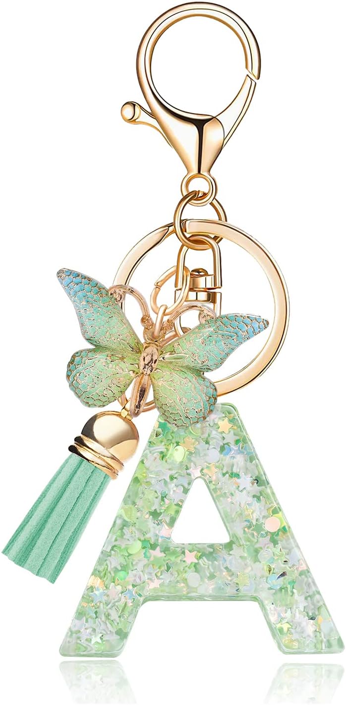 Fashion Alphabet Initial Letter Keychain Tassel Butterfly Pendant Key Ring for Purse Handbags Women Girl