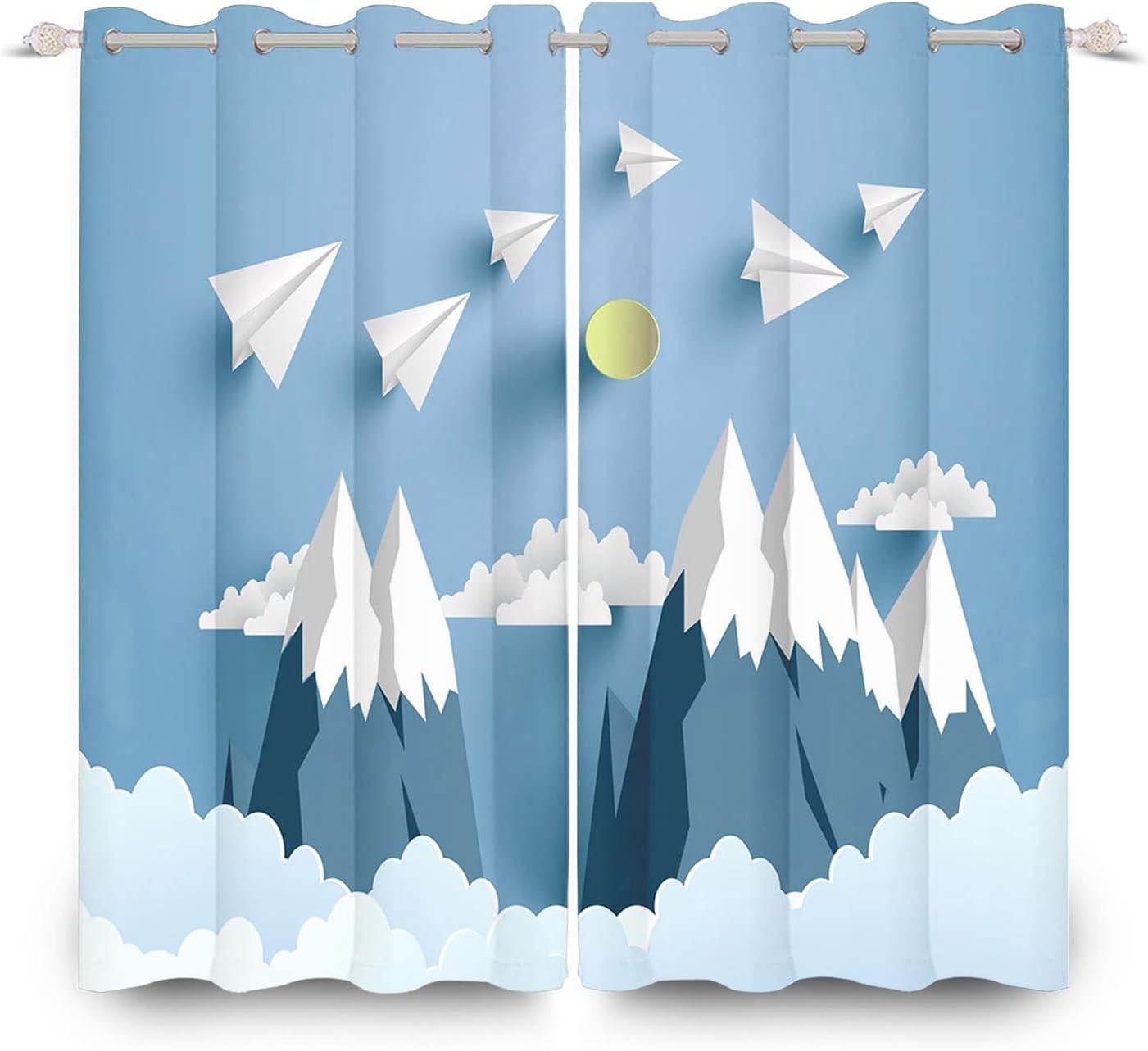 Yeele Kids Bedroom Curtain Light Blue White Cloud Cartoon Blackout Curtain Paper Airplane Darkening Curtain for Child Cool Boy Bedroom Window Panel,42x84IN(2Panels)