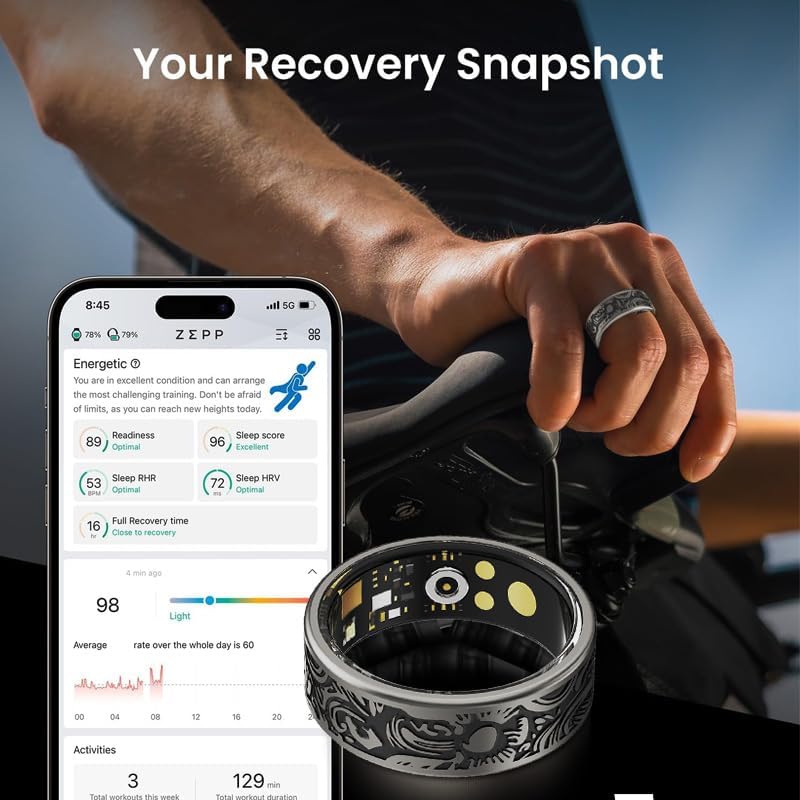 A smartphone screen displaying a 'Recovery Snapshot' from the Smart Ring app, showing readiness, sleep score, sleep RHR, and sleep HRV metrics, along with activity graphs.
